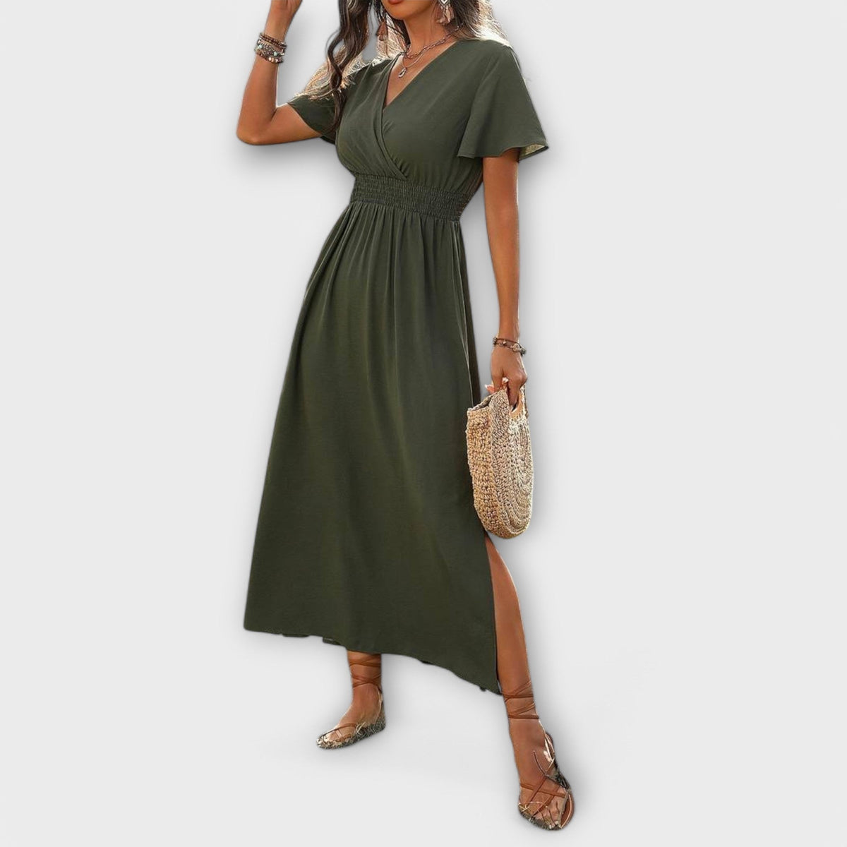 Heather - Robe Bohème Vert Olive à Fente
