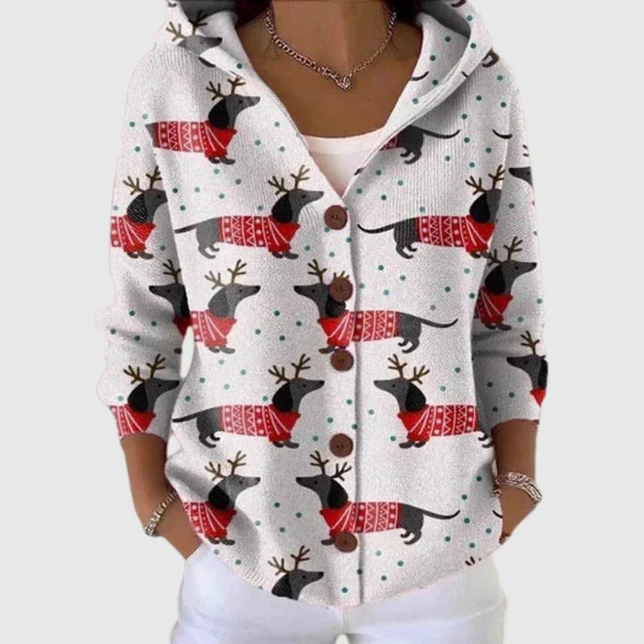 Camille - Cardigan boutonné blanc à teckels de Noël