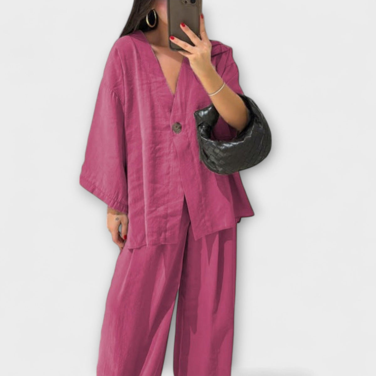 Jacqueline - Ensemble Marron avec Haut Col V et Pantalon