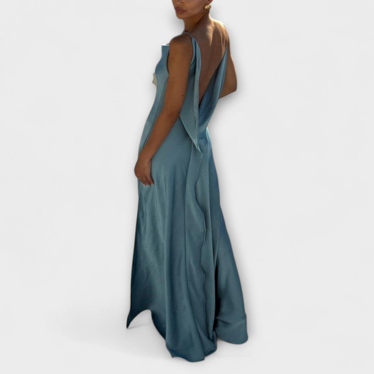 Hallie - Robe Longue en Satin Bleue à Fente Haute