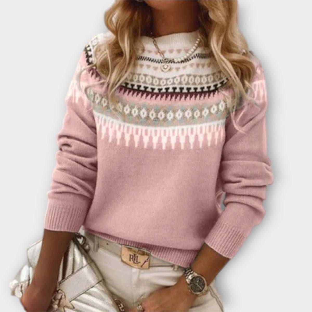 Lena - Pull Quotidien Douillet Gris à Motif Norvégien