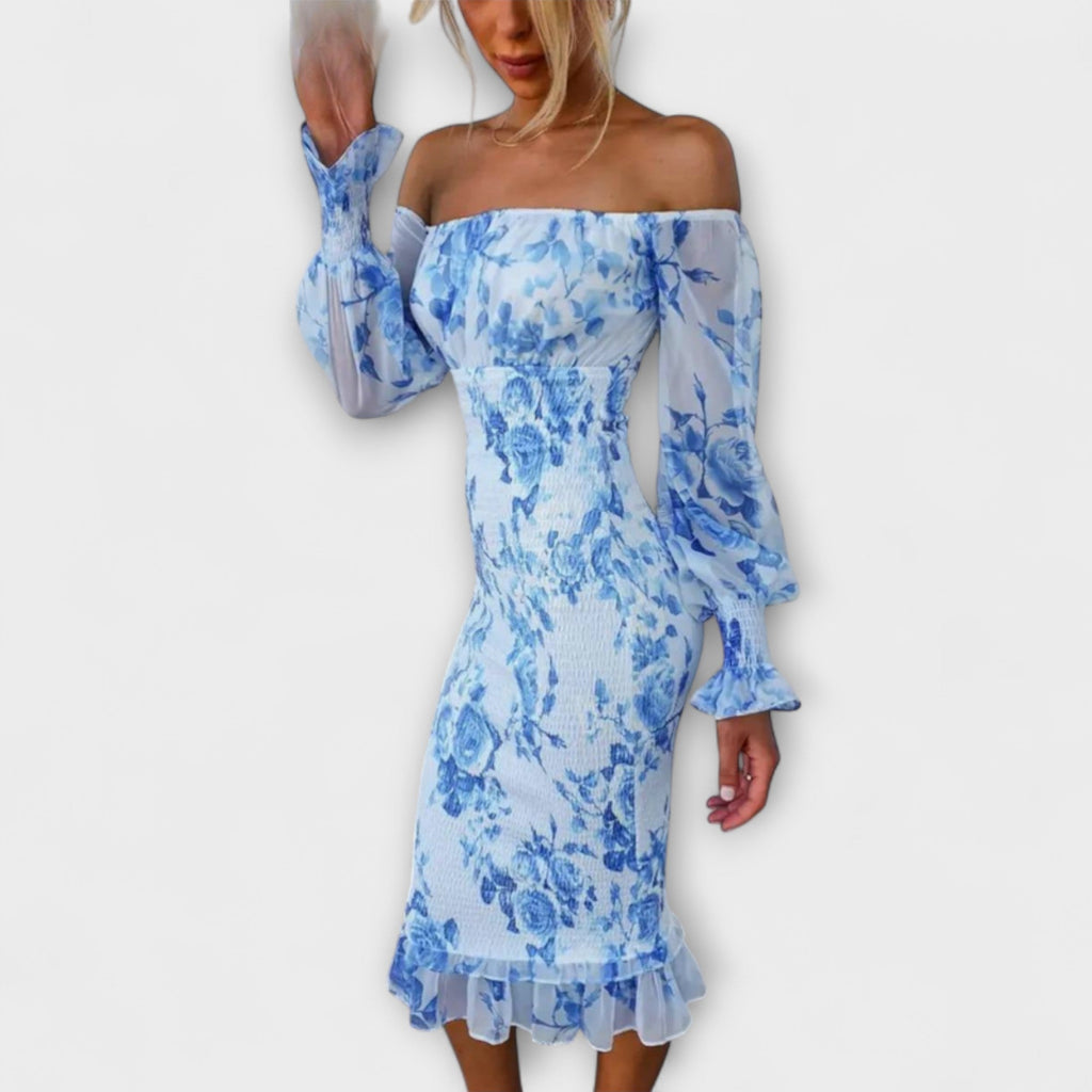 Dahlia - Robe Midi Rose Épaules Dénudées à Motif Floral