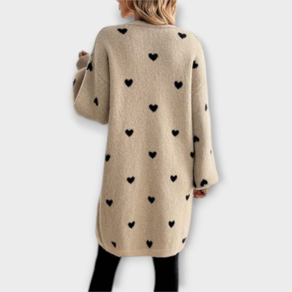 Julia - Cardigan Beige à Motif Cœurs