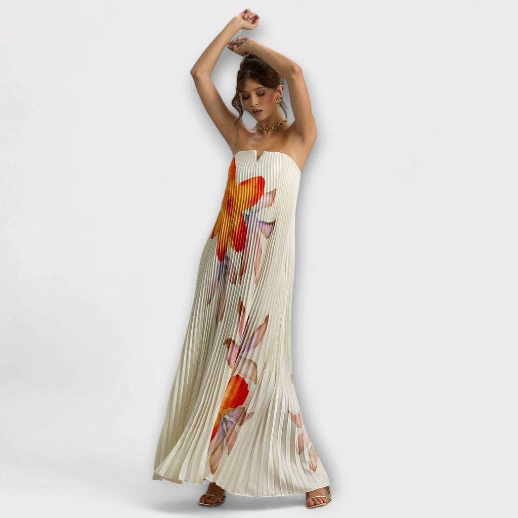 Michelle - Robe Longue Crème à Motif Floral Orange