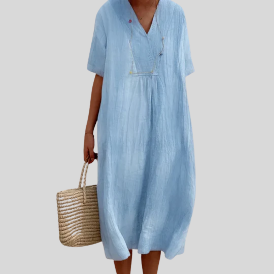 Robe en Lin Bleu Clair à Col V