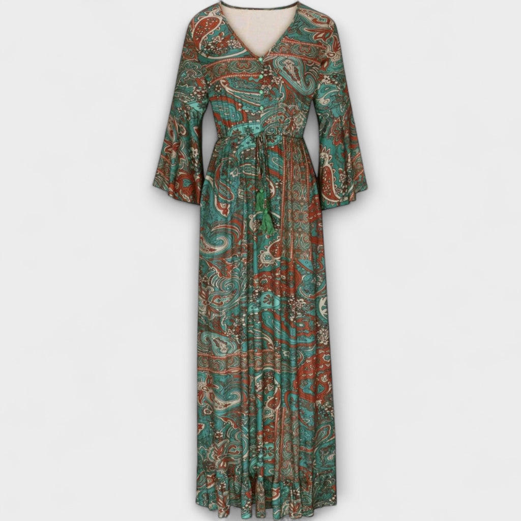 Renatilen - Robe Longue Verte à Motif Cachemire