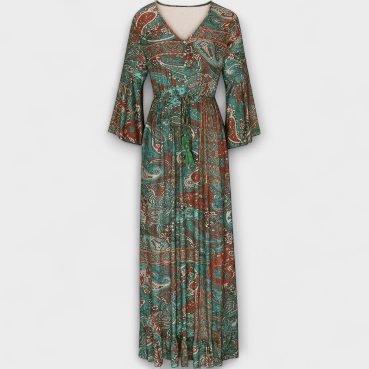 Renatilen - Robe Longue Verte à Motif Cachemire