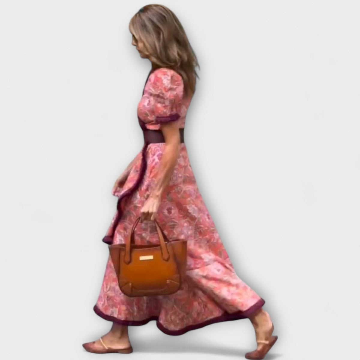 Robe Longue Élégante Rose à Manches Courtes
