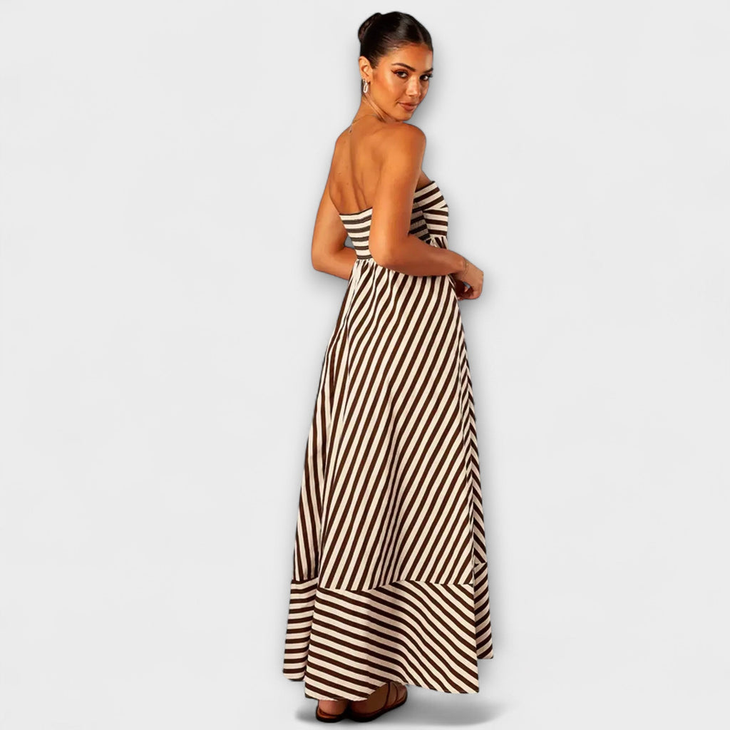 Robe Longue à Volants Rayée Beige et Noire