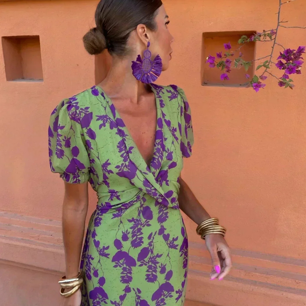 Zoé - Robe Longue Verte à Motif Floral Violet