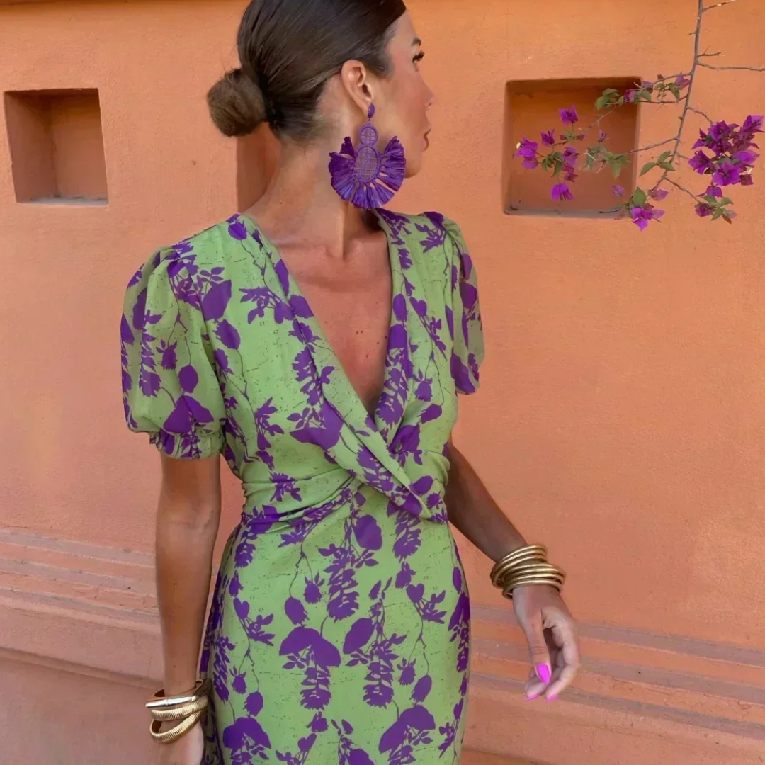Zoé - Robe Longue Verte à Motif Floral Violet