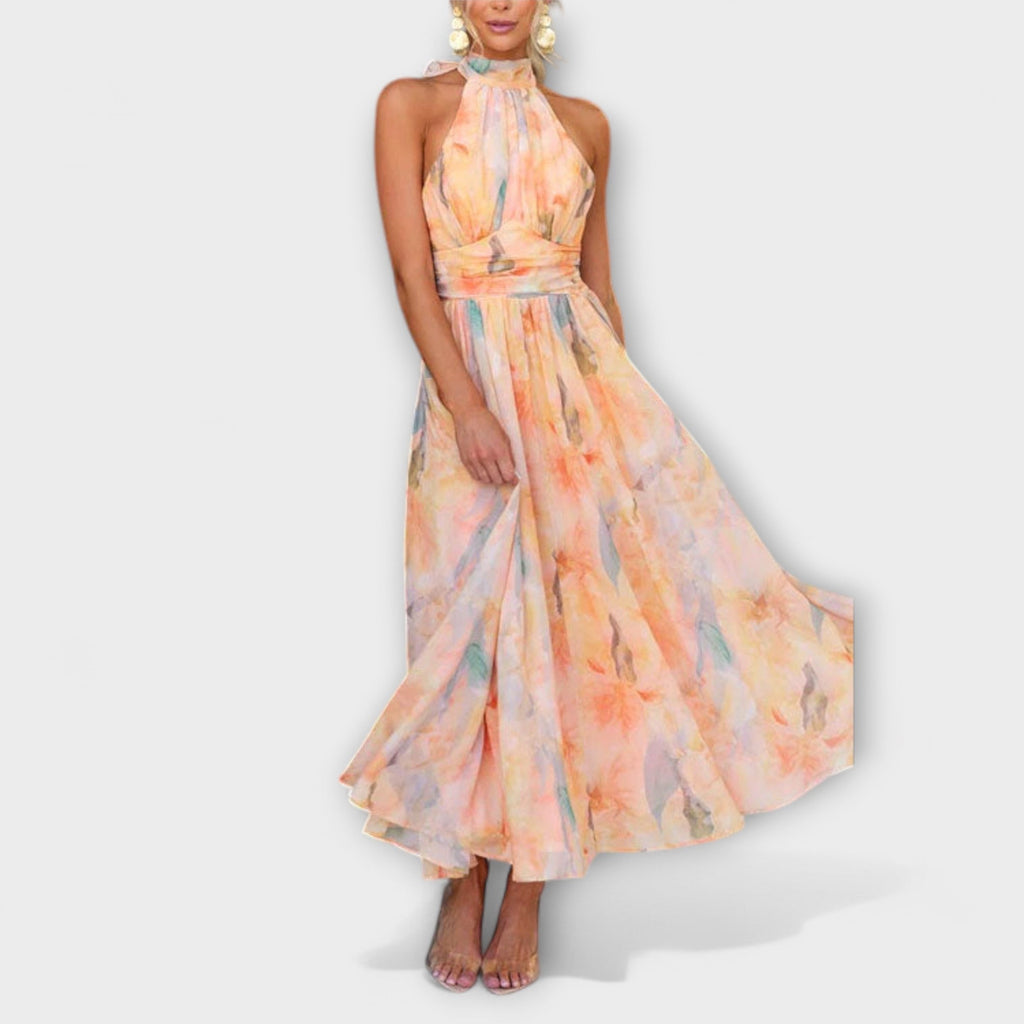 Robe Longue Dos-Nu Colorée à Imprimé Aquarelle