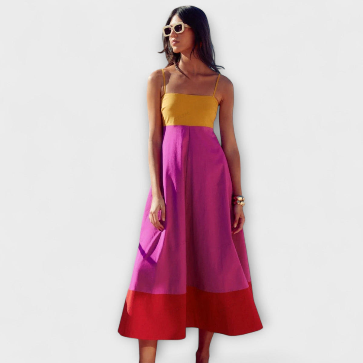 Robe Longue Color-Block à Fines Bretelles