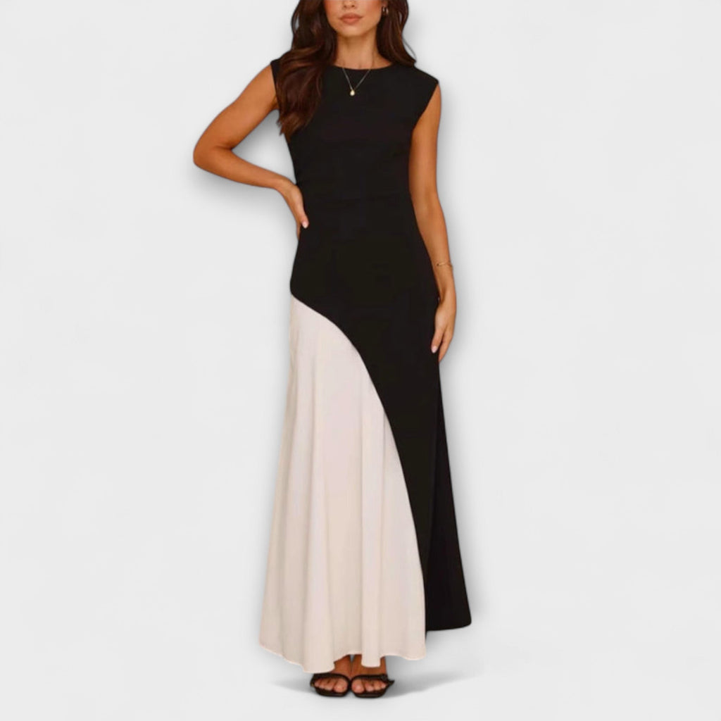 Isabel - Robe Longue Noire et Crème Color-Block