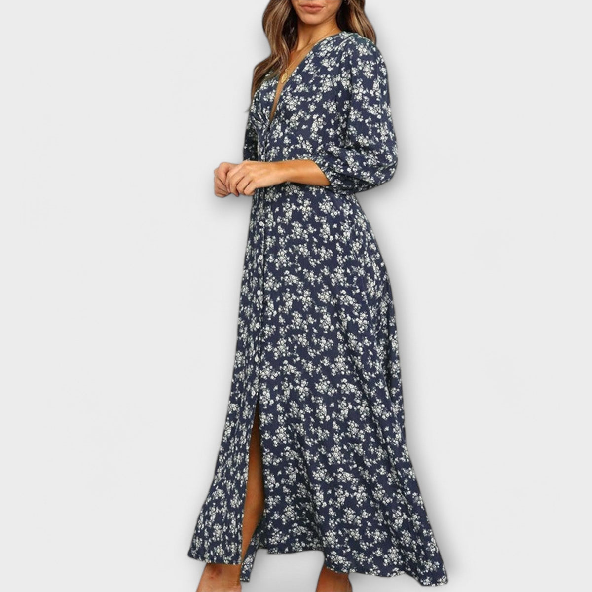 Robe Longue Bleue et Blanche à Motif Floral
