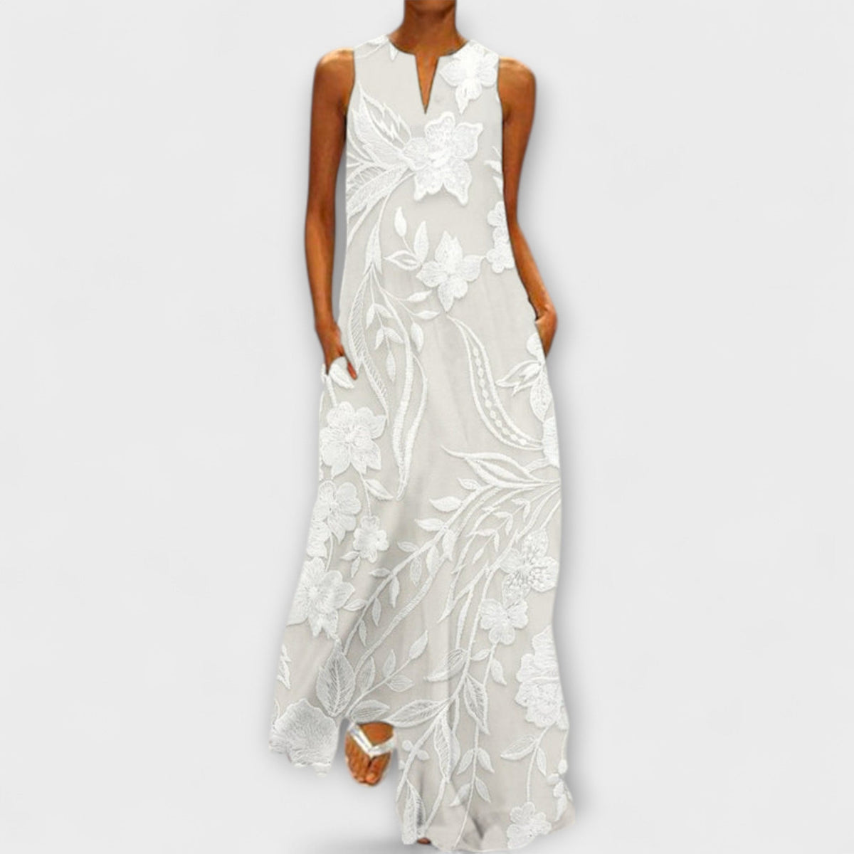 Camila - Robe Longue Blanche à Motif Botanique