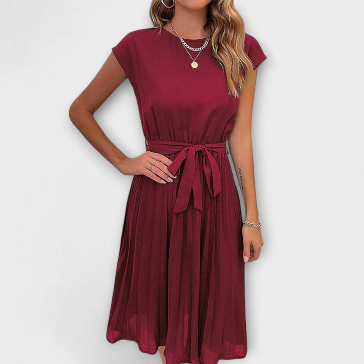 Robe Midi Élégante Vert Foncé à Ceinture