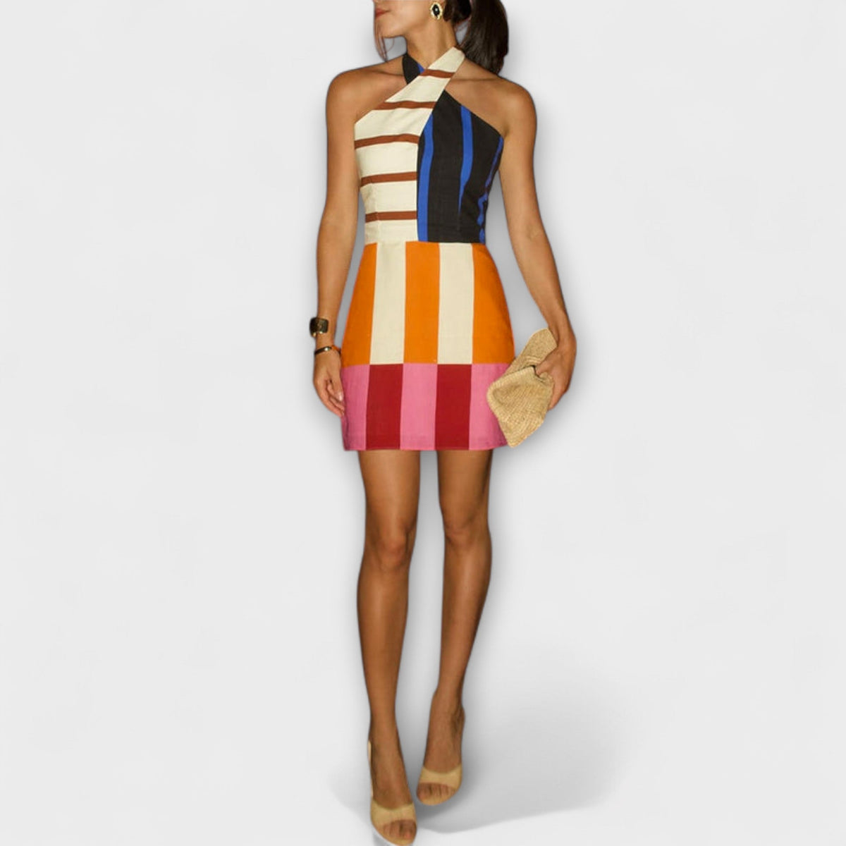 Jeniah - Mini-Robe à Col Licou et Color-Block
