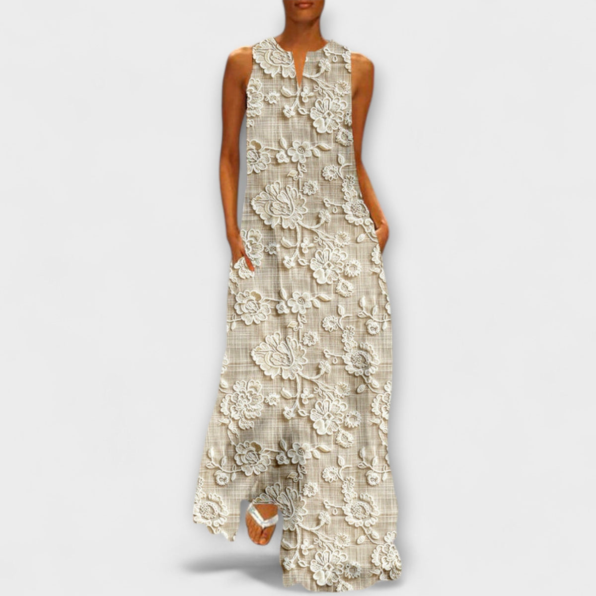 Lily - Robe Longue Crème à Motif Dentelle