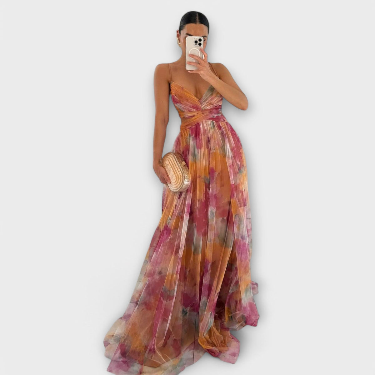 Annai - Robe Longue en Résille Rose à Motif Floral