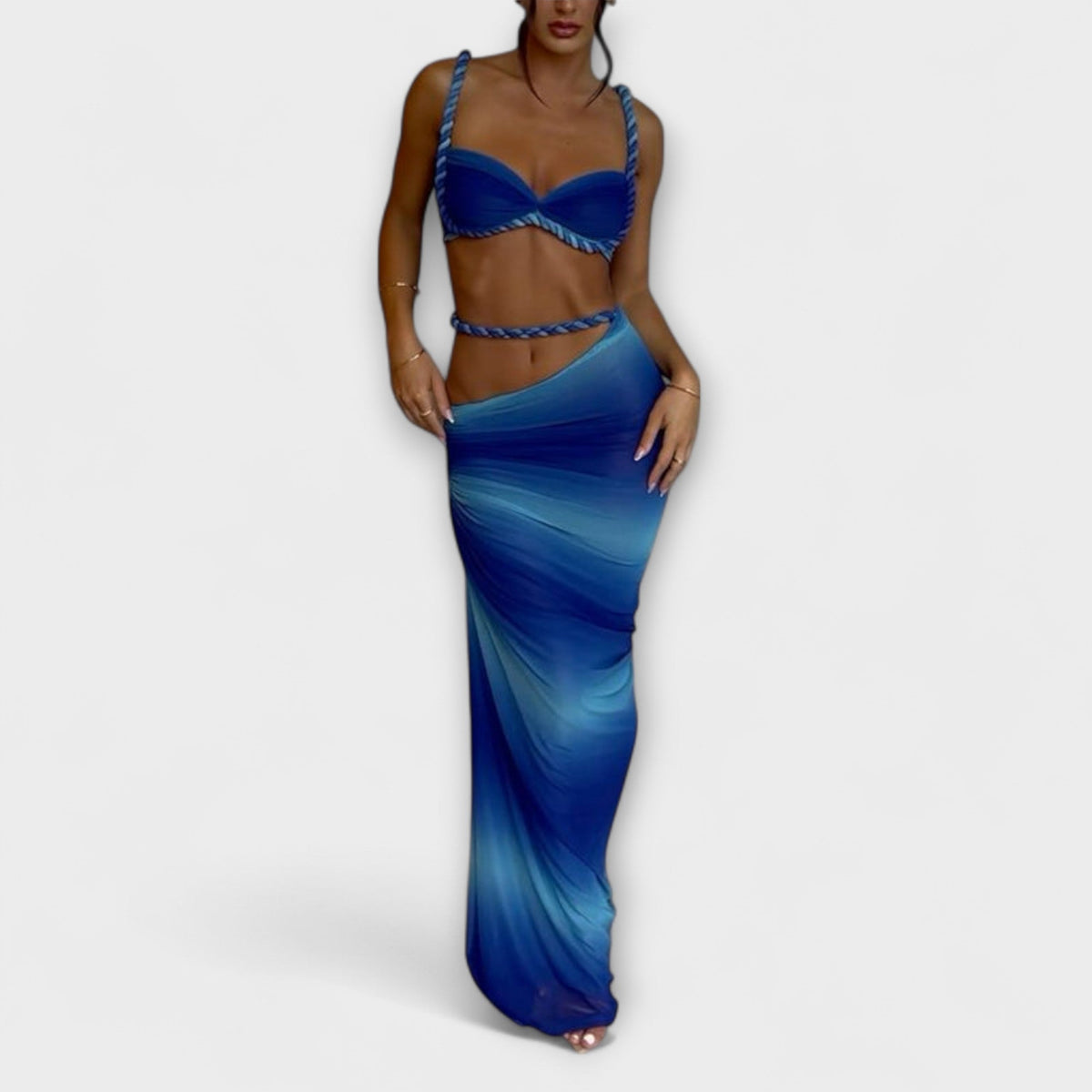 Jane - Ensemble Dégradé Bleu avec Crop-Top et Jupe