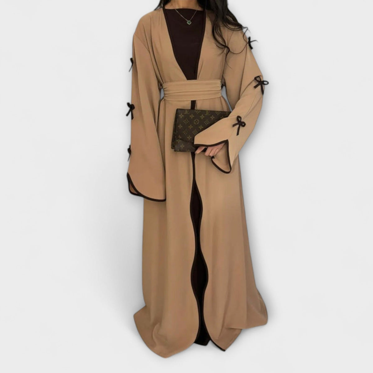 Jasmin - Duo Robe et Cardigan Beige à Nœud