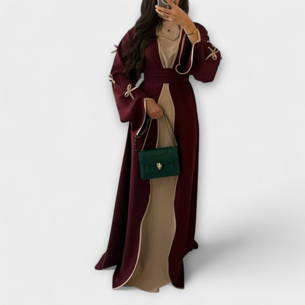 Jasmin - Duo Robe et Cardigan Beige à Nœud