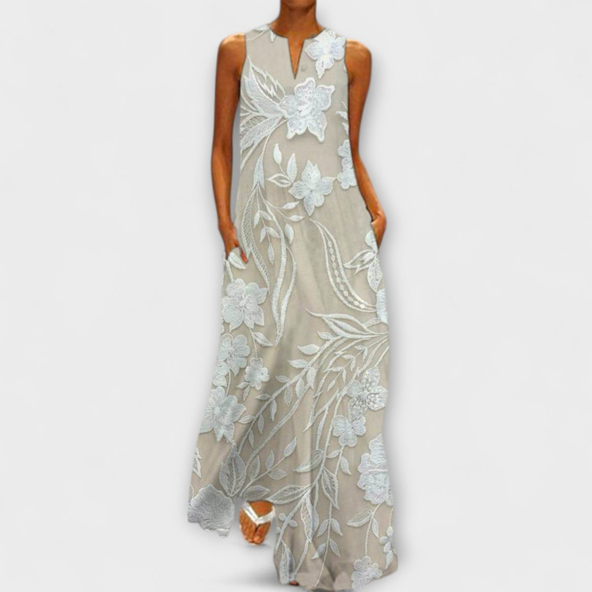 Camila - Robe Longue Blanche à Motif Botanique