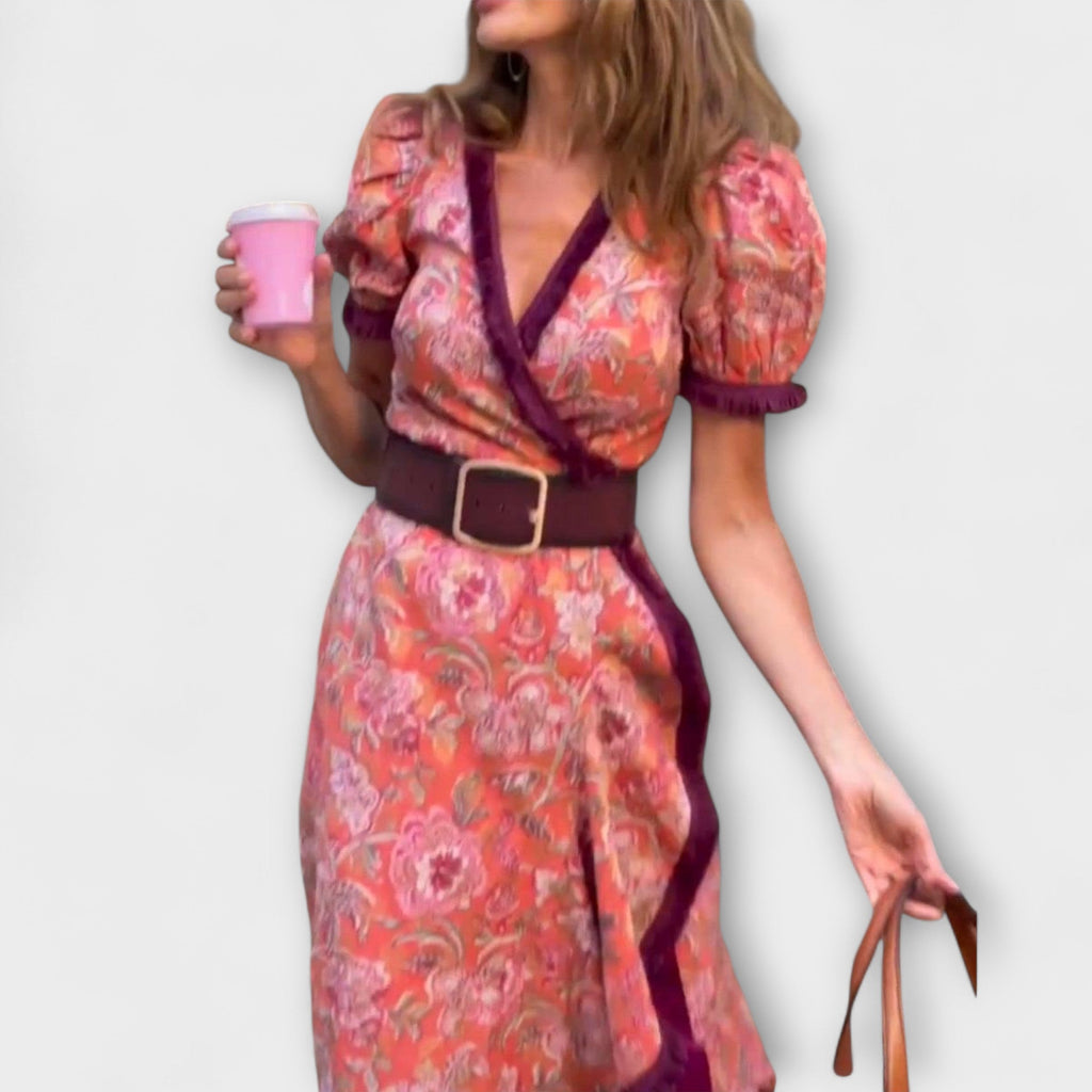 Robe Longue Élégante Rose à Manches Courtes