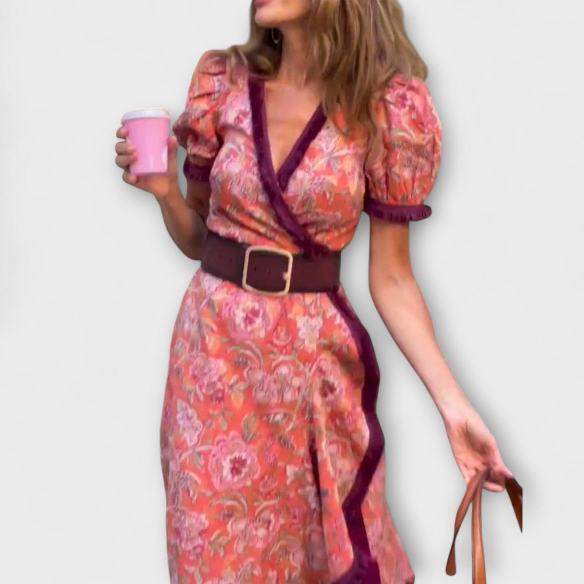 Robe Longue Élégante Rose à Manches Courtes
