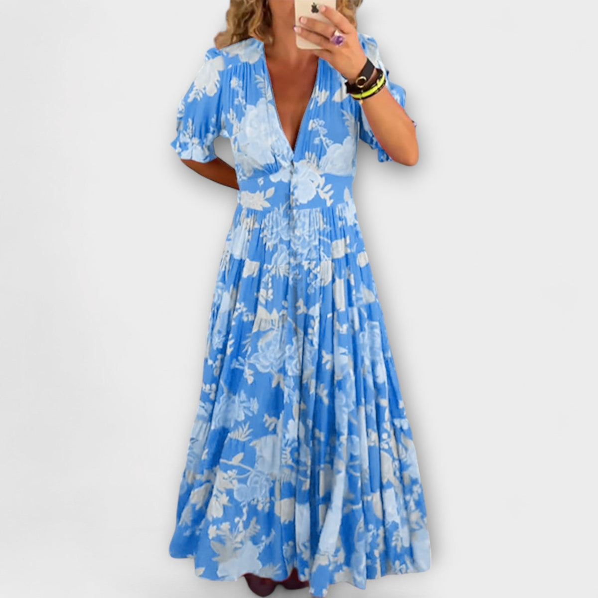 Catrisa - Robe Longue Rouge à Motif Floral et Col V