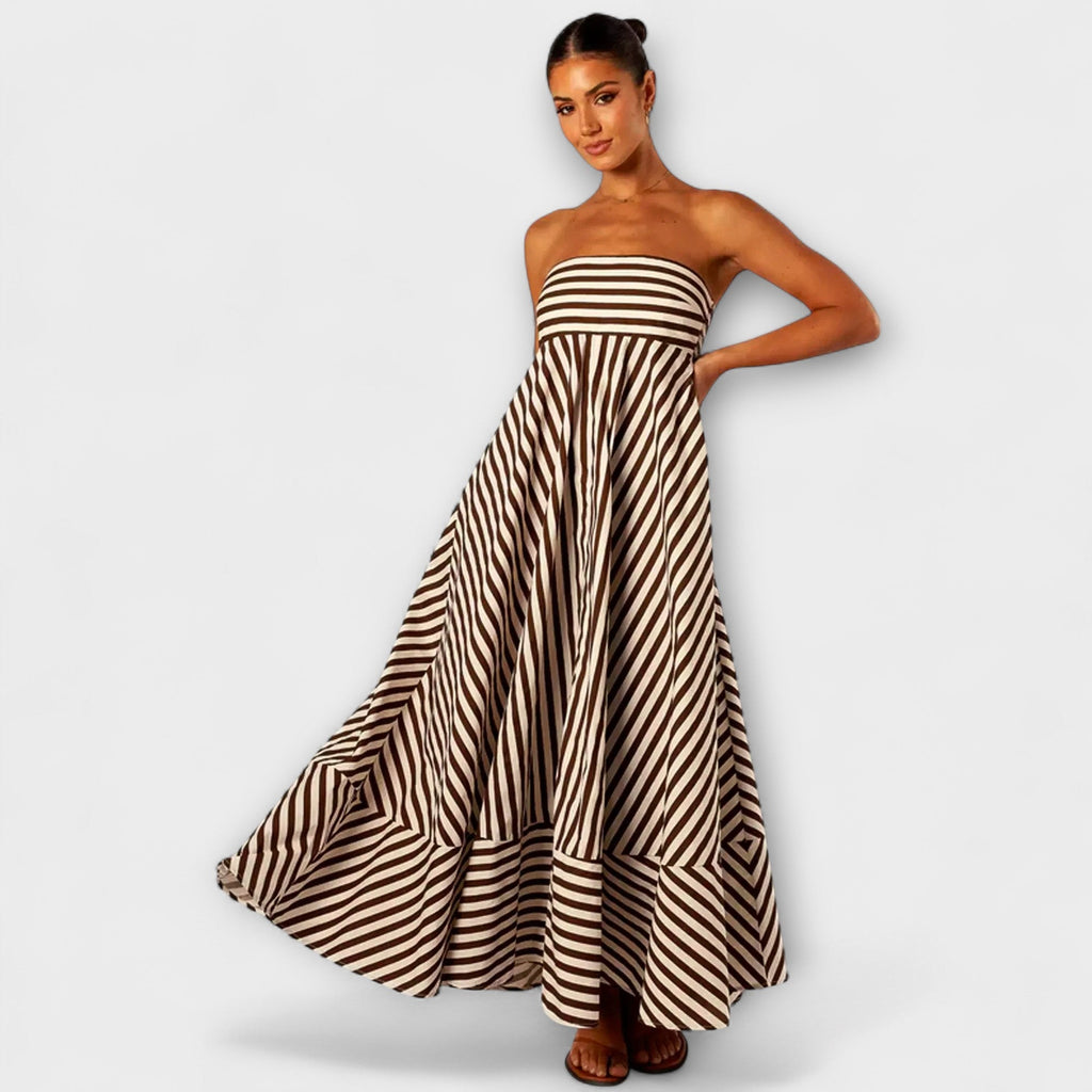 Robe Longue à Volants Rayée Beige et Noire