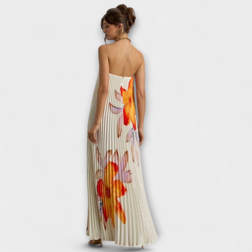 Michelle - Robe Longue Crème à Motif Floral Orange
