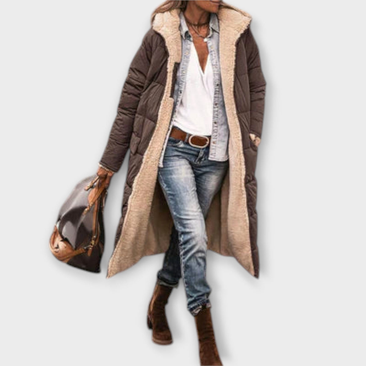 Kora - Manteau Douillet Noir Doublé Fourrure