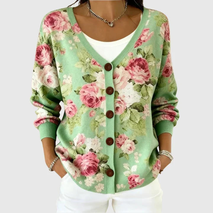 Estelle - Cardigan boutonné vert d'eau à roses roses