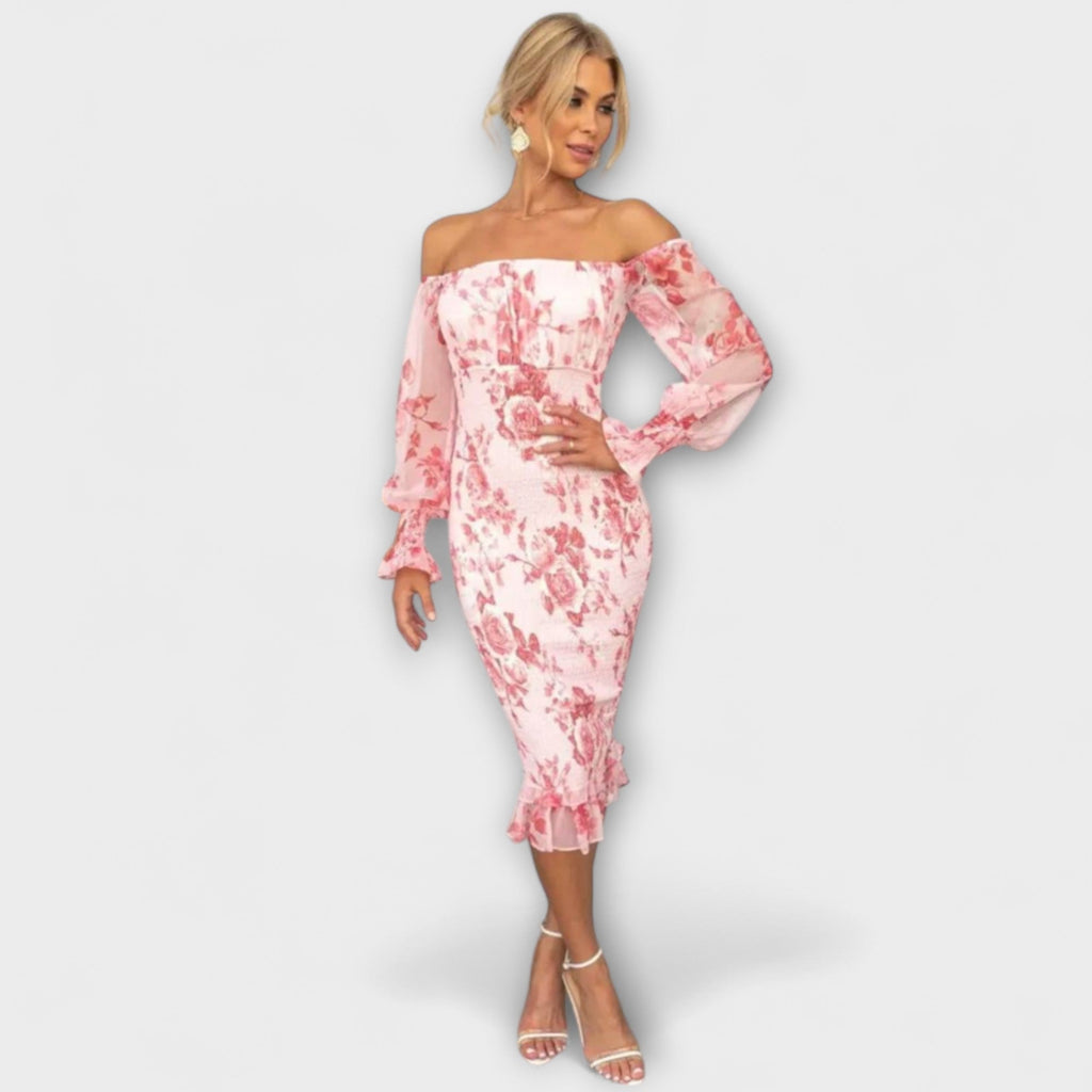 Dahlia - Robe Midi Rose Épaules Dénudées à Motif Floral