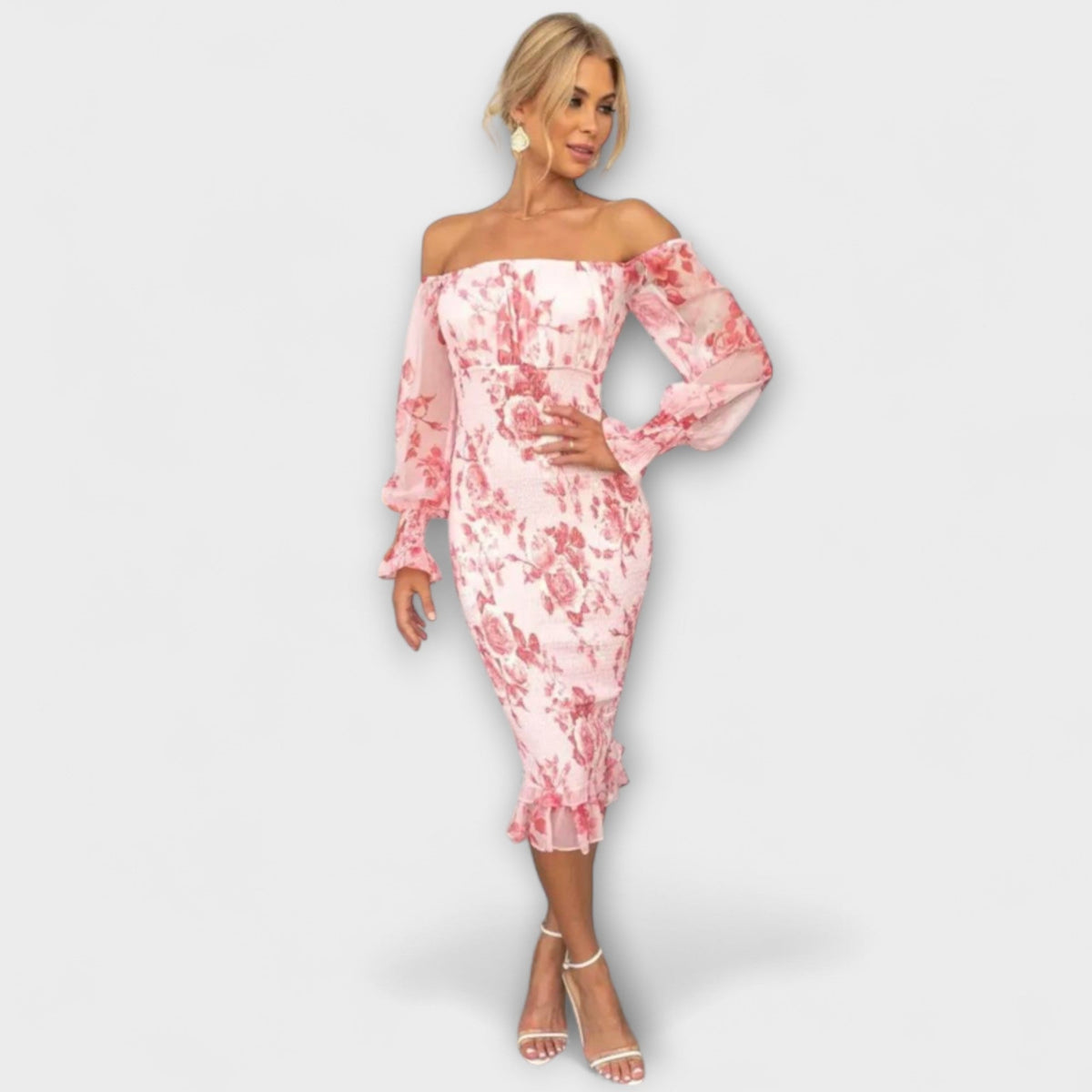 Dahlia - Robe Midi Rose Épaules Dénudées à Motif Floral
