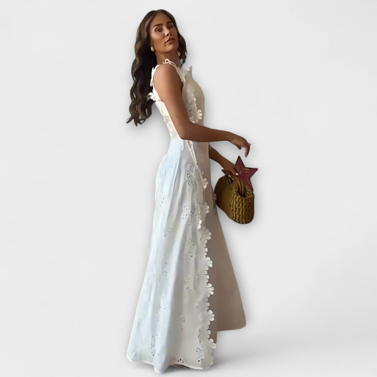 Éliora - Robe Longue Blanche à Motif Floral en Dentelle