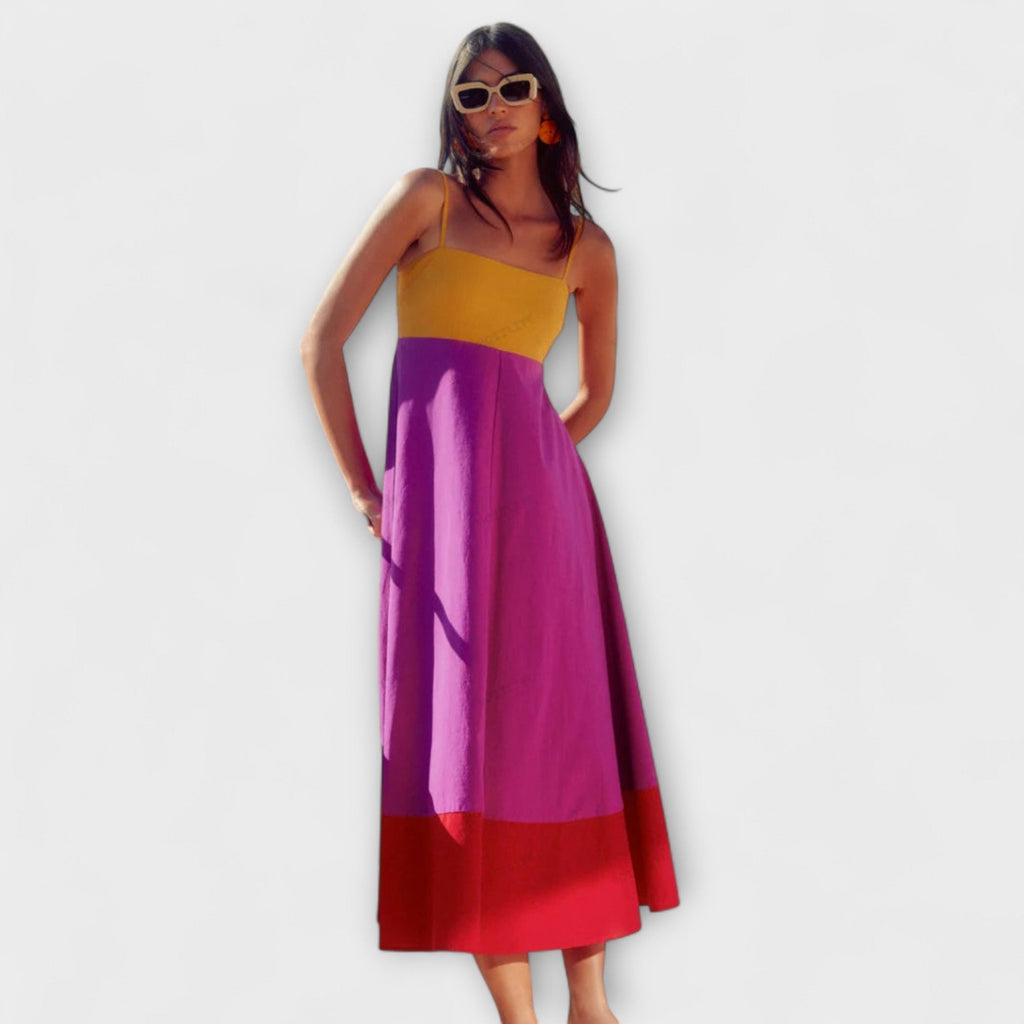 Robe Longue Color-Block à Fines Bretelles