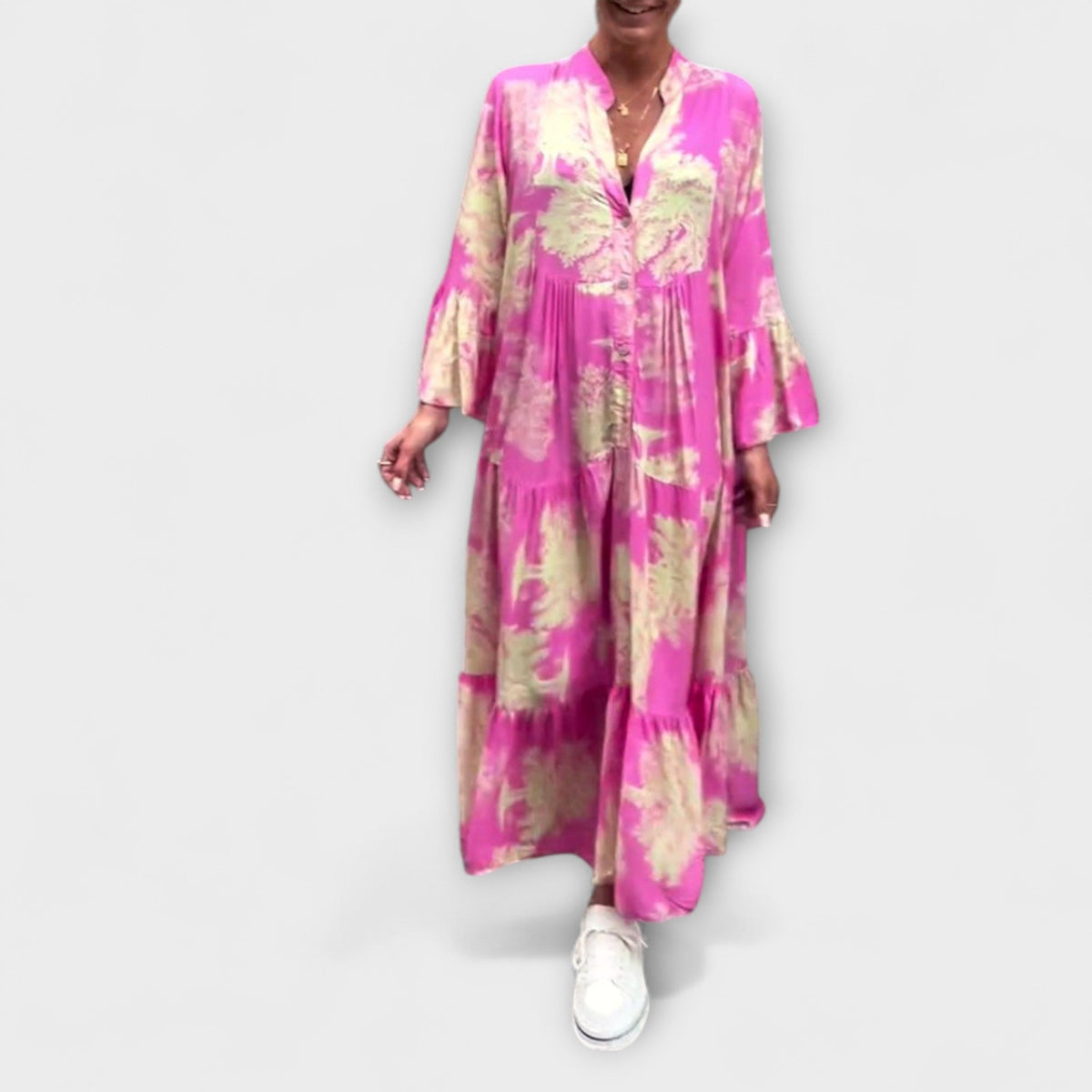 Nerina - Robe Longue Beige à Motif Aquarelle