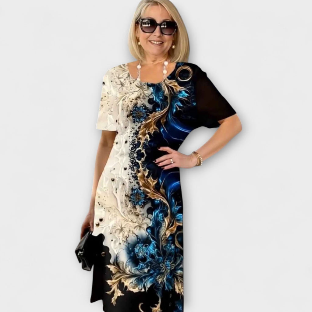 Barbara - Robe Noire et Bleue à Motif Fleurs d'Été
