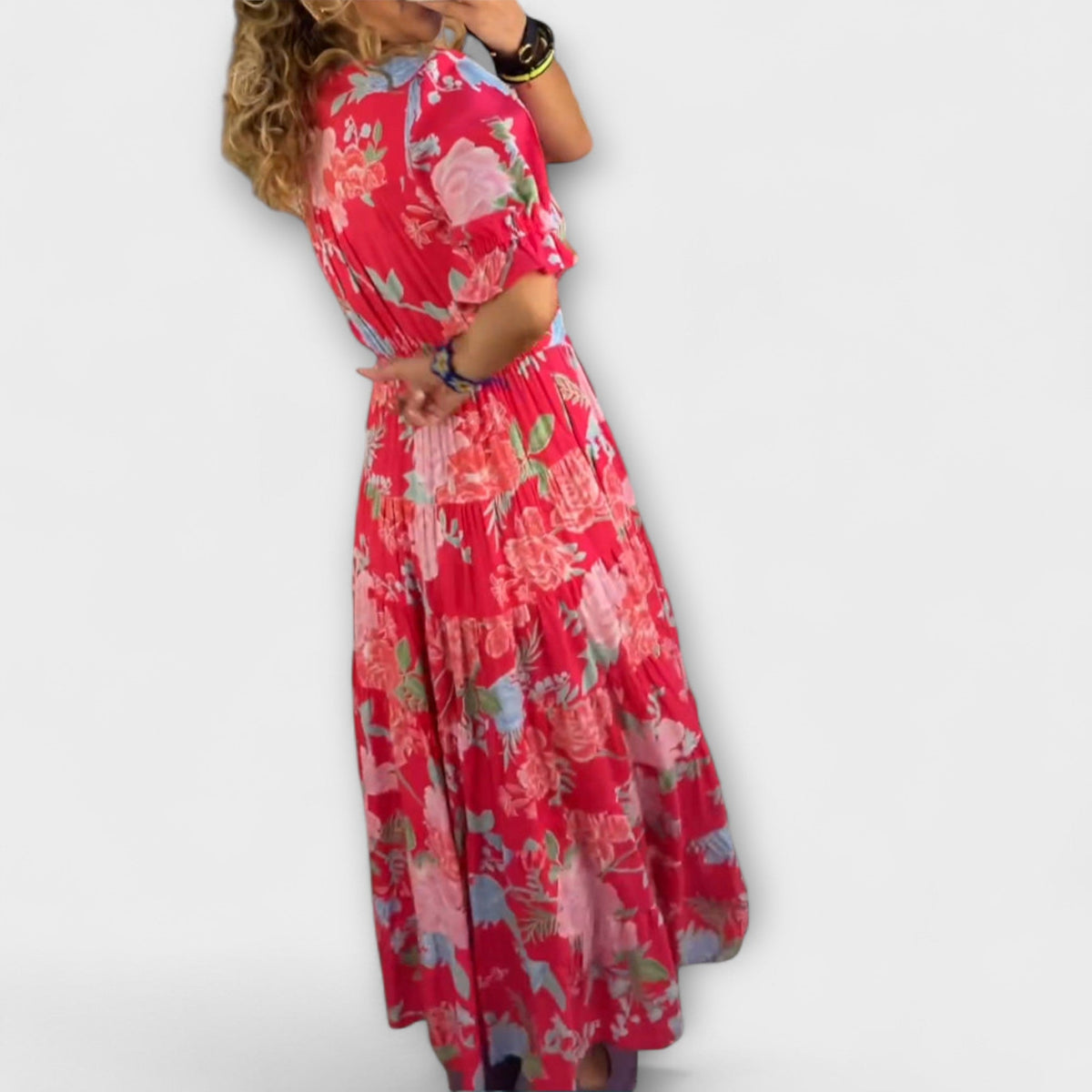 Catrisa - Robe Longue Rouge à Motif Floral et Col V