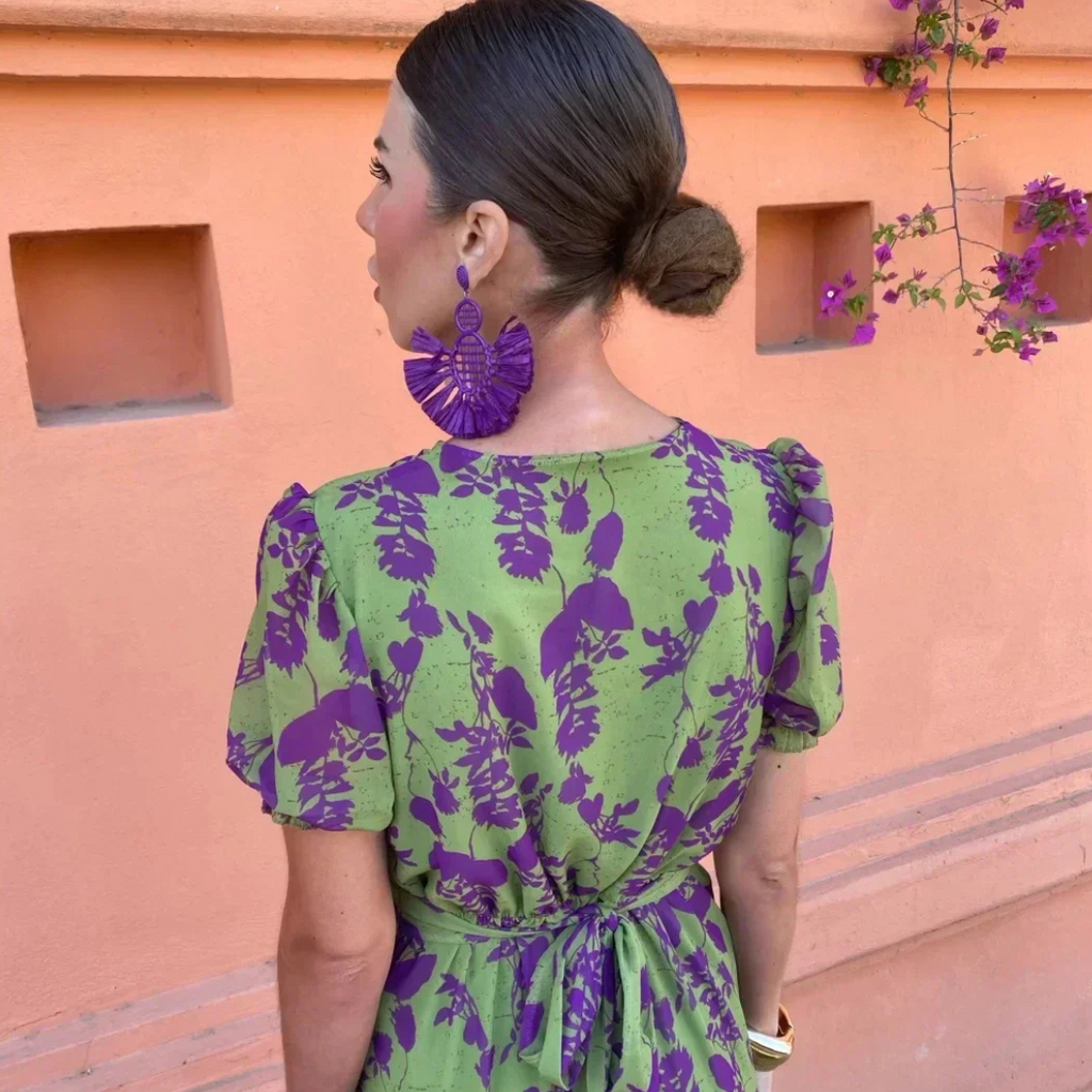 Zoé - Robe Longue Verte à Motif Floral Violet