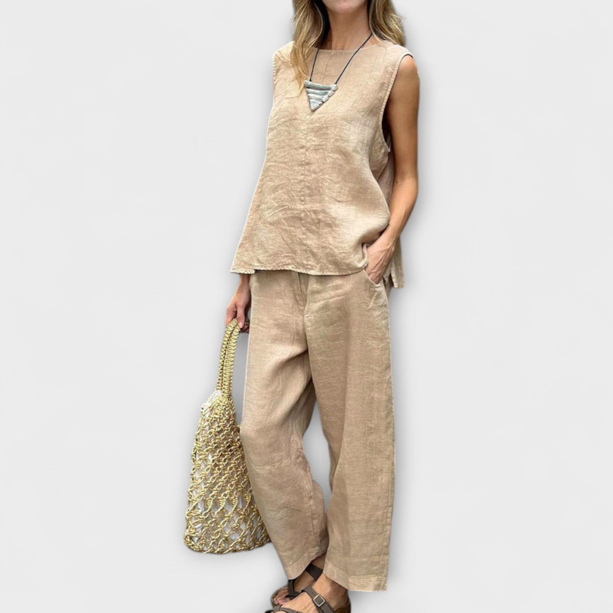 Jennifer - Ensemble en Lin Jaune avec Haut Sans Manches
