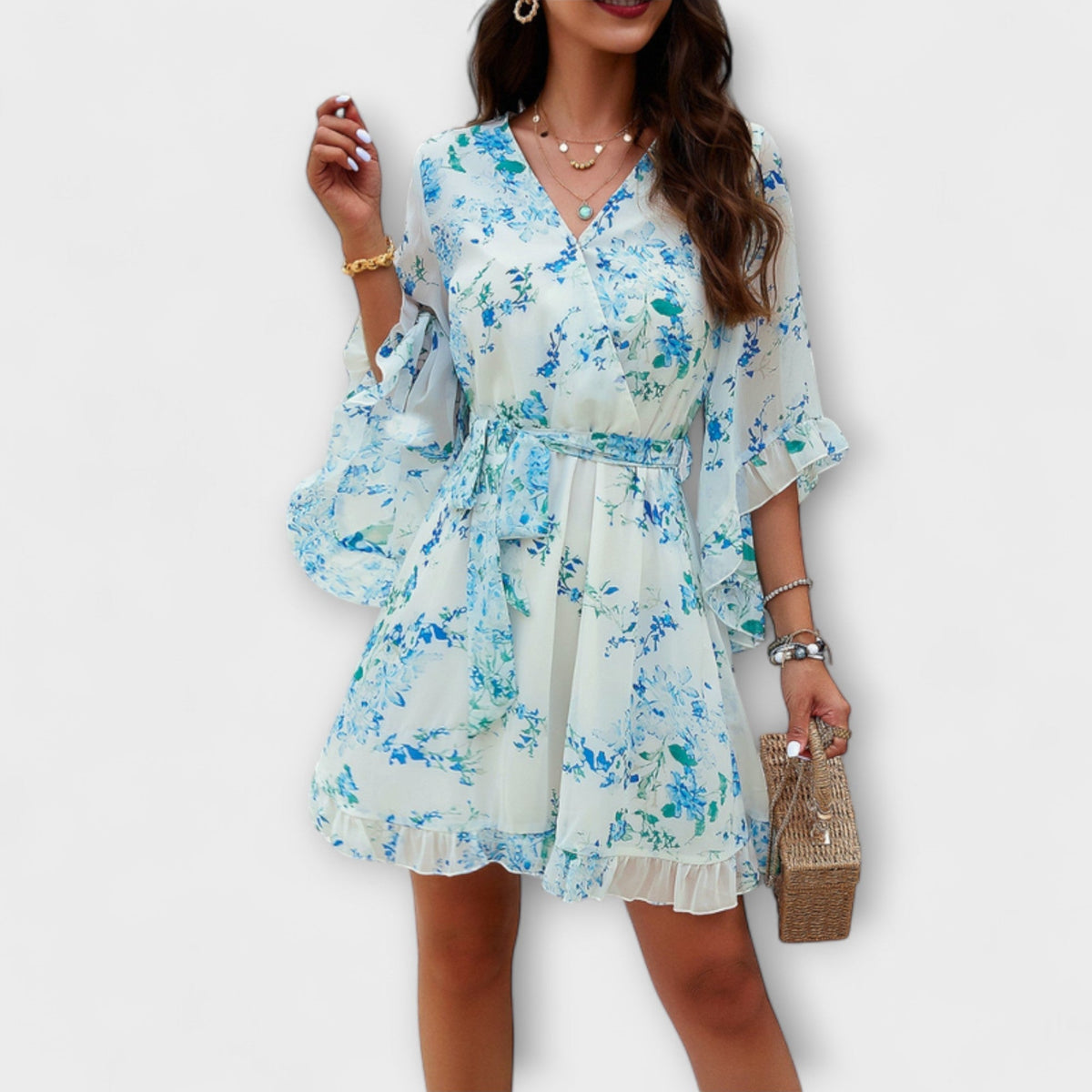 Lina - Robe Midi Bleu Clair à Motif Floral