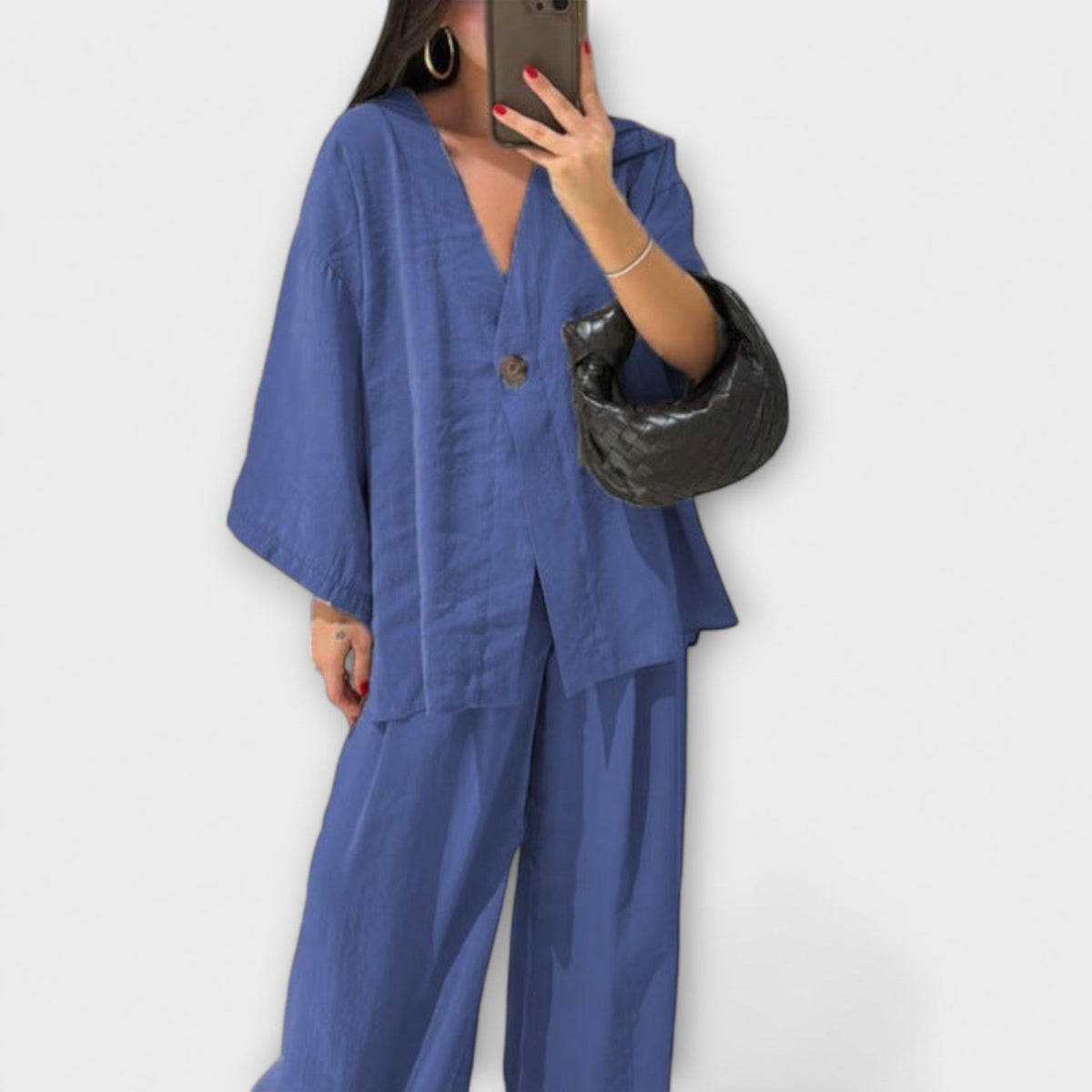 Jacqueline - Ensemble Marron avec Haut Col V et Pantalon