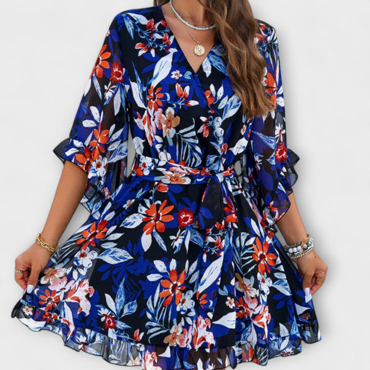 Lina - Robe Midi Bleu Clair à Motif Floral