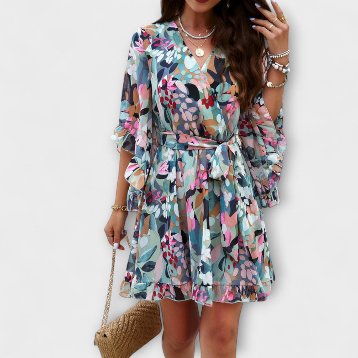 Lina - Robe Midi Bleu Clair à Motif Floral