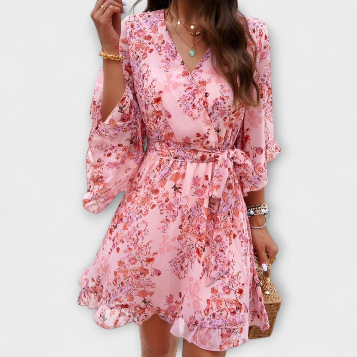 Lina - Robe Midi Bleu Clair à Motif Floral