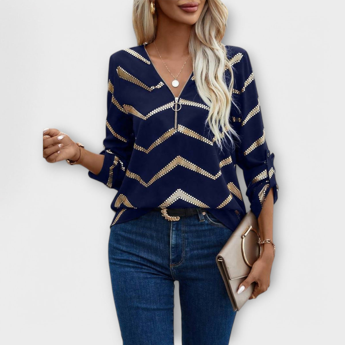 Emma - Chemisier Bleu Foncé à Zigzag Doré